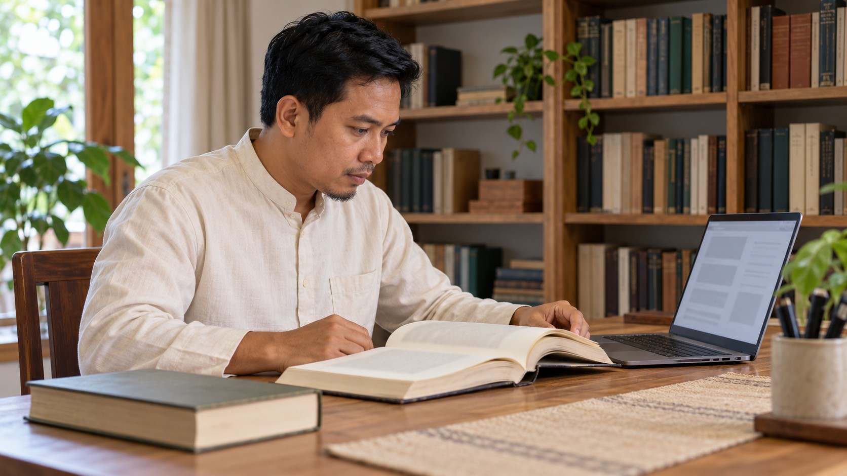 AI-generated conceptual illustration of an adult researcher comparing an open reference book with an unreadable laptop screen.