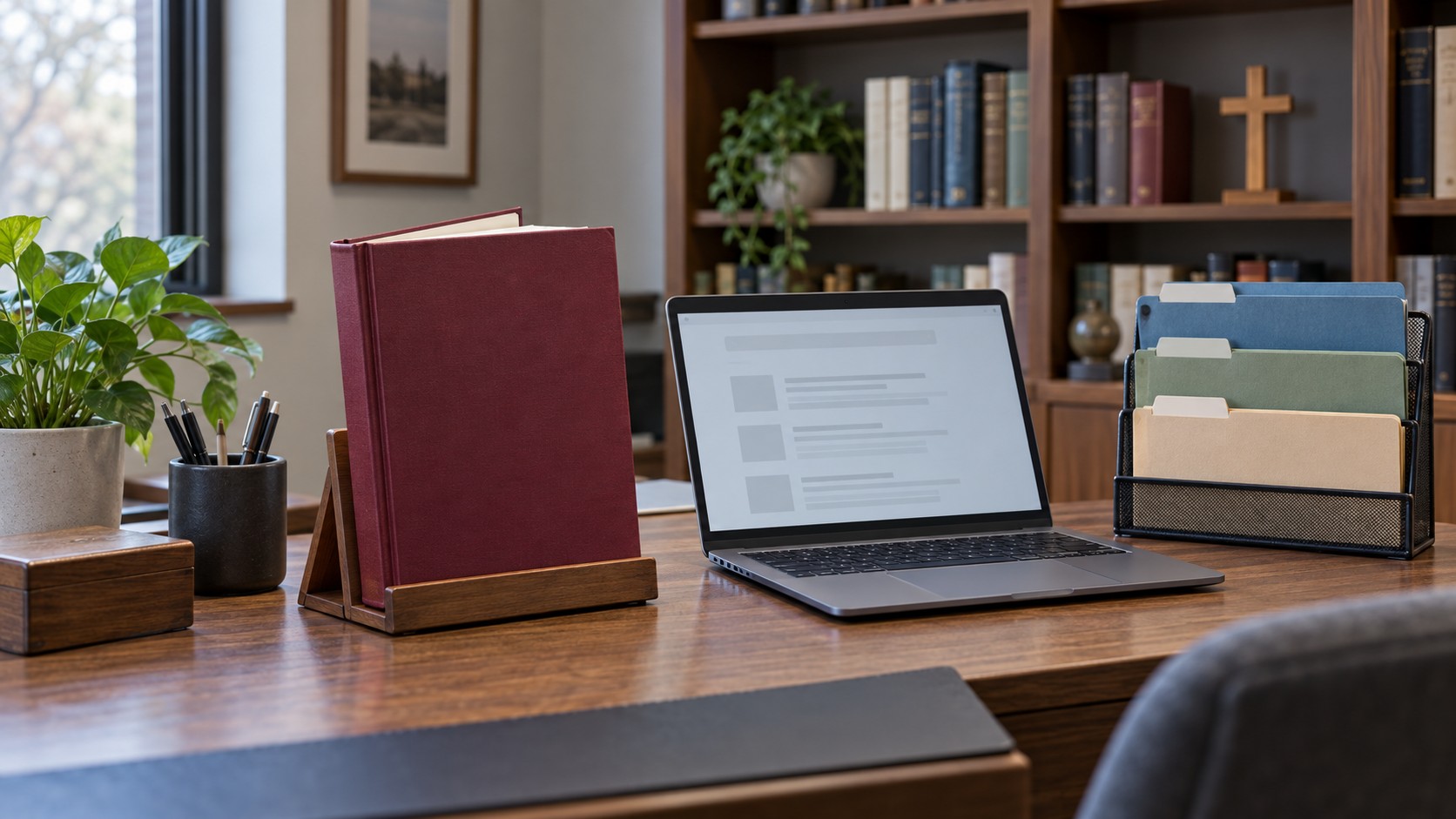 AI-generated conceptual illustration of a plain reference manual, unreadable laptop search screen and blank-tabbed folders in a church office.