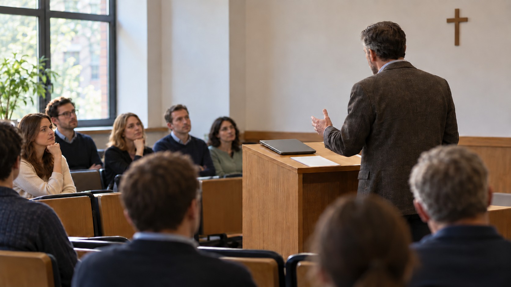 AI-generated conceptual illustration of adults attending a Christian academic seminar with a closed laptop on a wooden lectern.