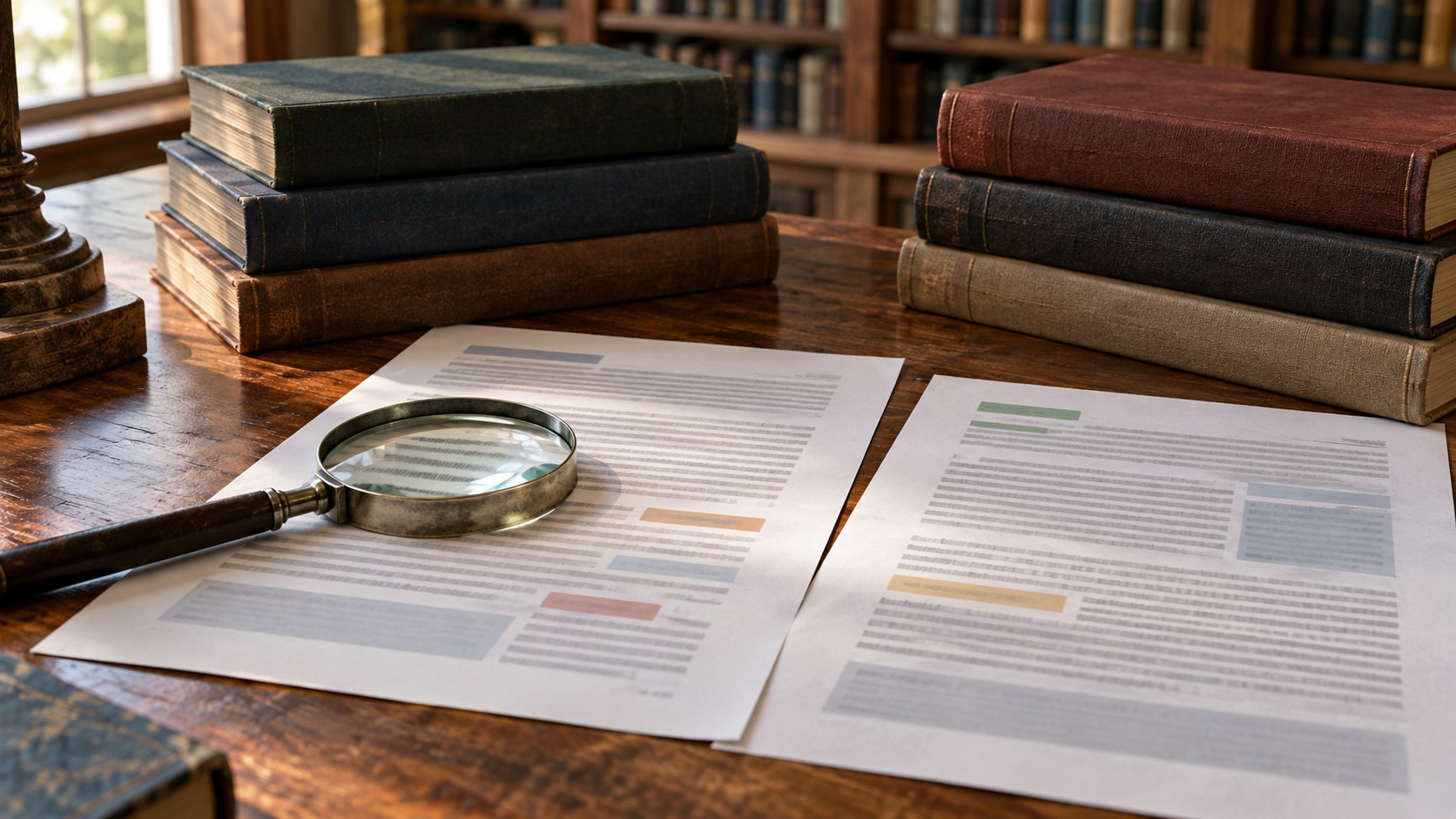 AI-generated conceptual illustration of two unreadable answer printouts, reference books and a magnifying glass on a library table.