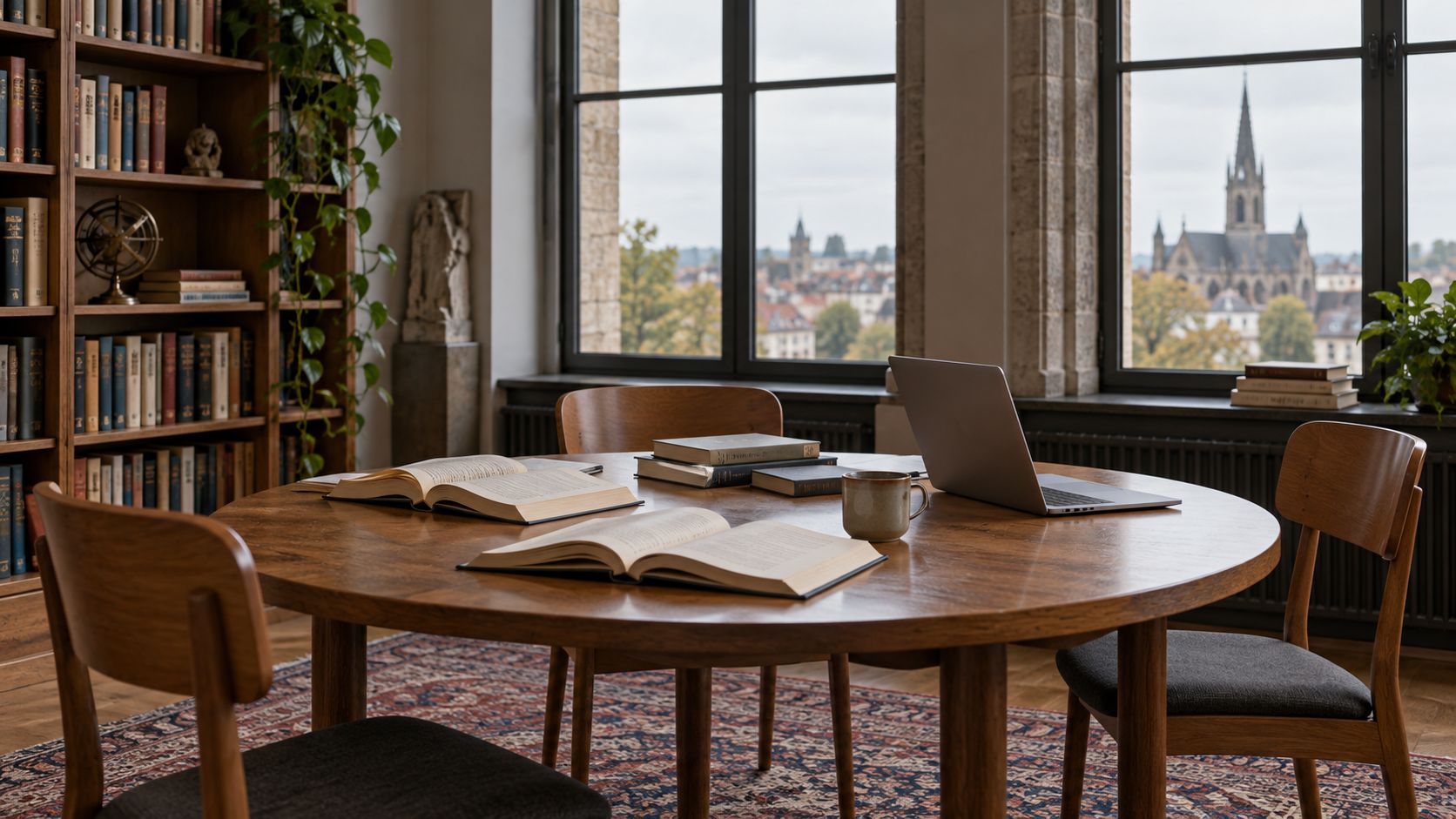 Imagined university seminar room with empty chairs, books and a laptop; not a photograph of KU Leuven.