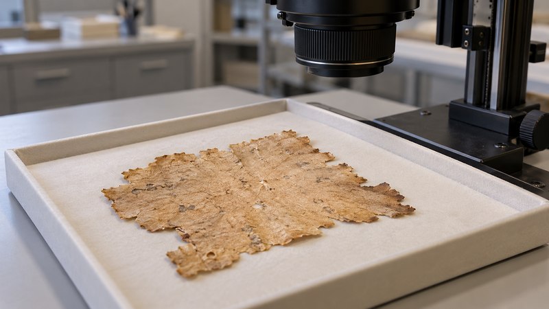 AI-generated conceptual illustration of an aged parchment fragment in a conservation tray beneath a macro imaging camera.