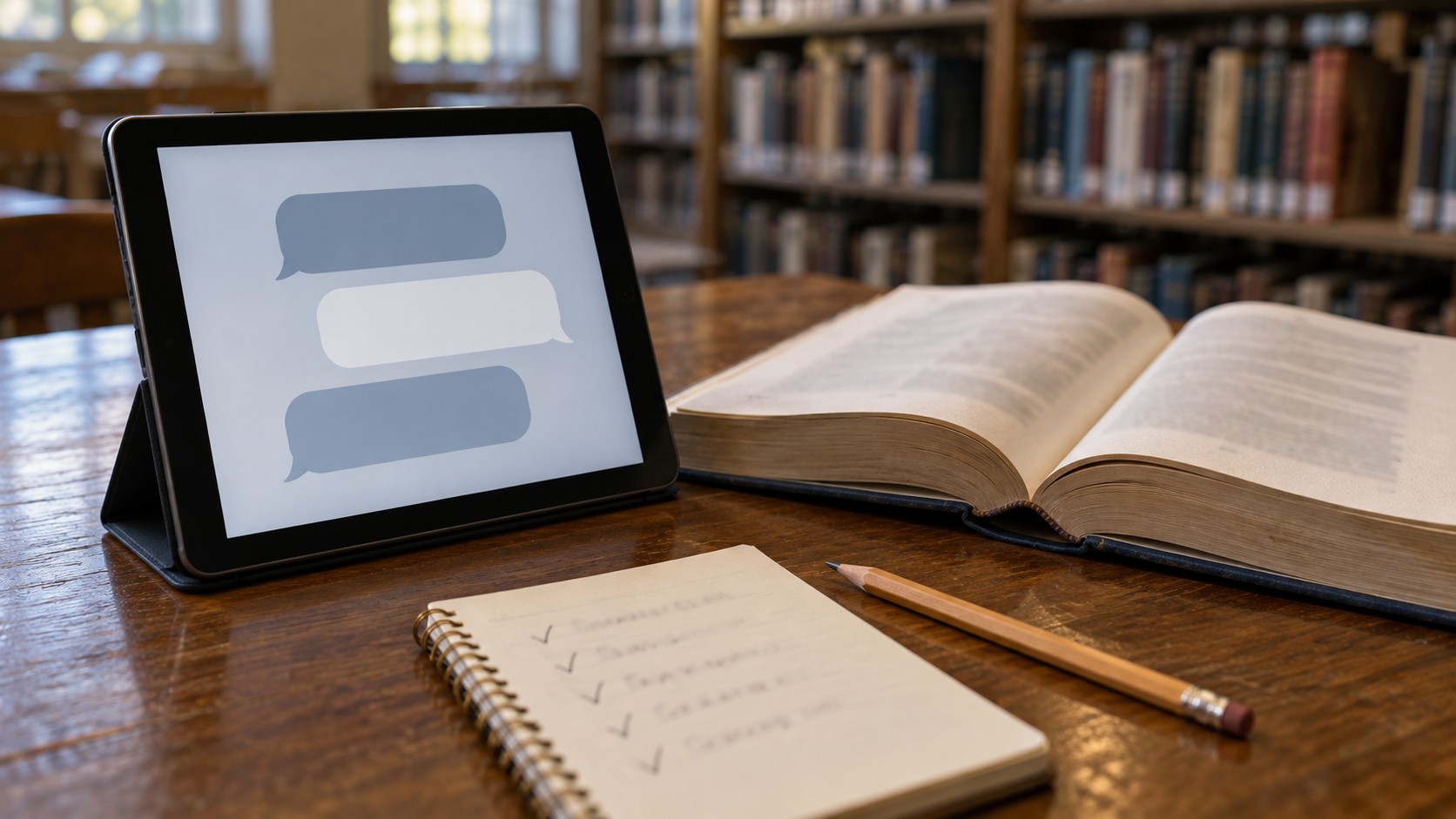 AI-generated conceptual illustration of abstract chat bubbles on a tablet beside a source book and unreadable checking notes.