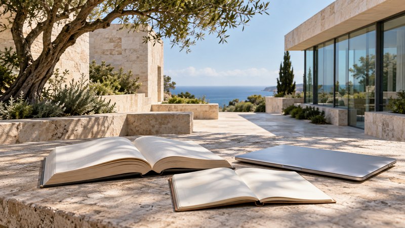 AI-generated conceptual illustration of an open book, blank notebook and closed computer in a sunlit coastal university courtyard.