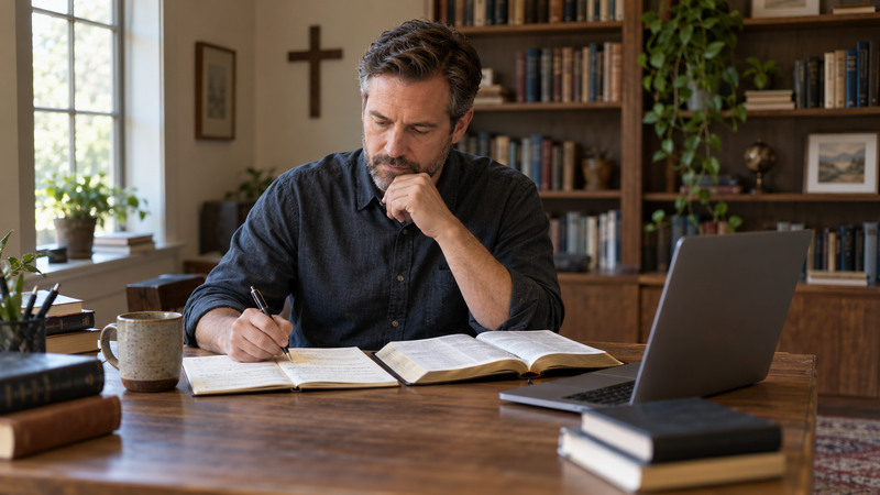 AI-generated conceptual illustration of an adult pastor reviewing handwritten sermon notes beside an open Bible and laptop in a quiet church study.