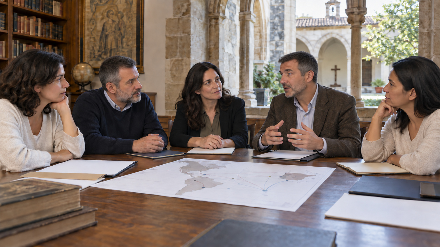 AI-generated conceptual illustration of five adult academic and civic participants discussing faith and AI governance around a table in a historic university setting.