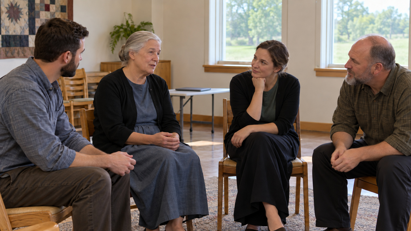 AI-generated conceptual illustration of four adults listening in a modest church fellowship room, with a closed laptop set aside.