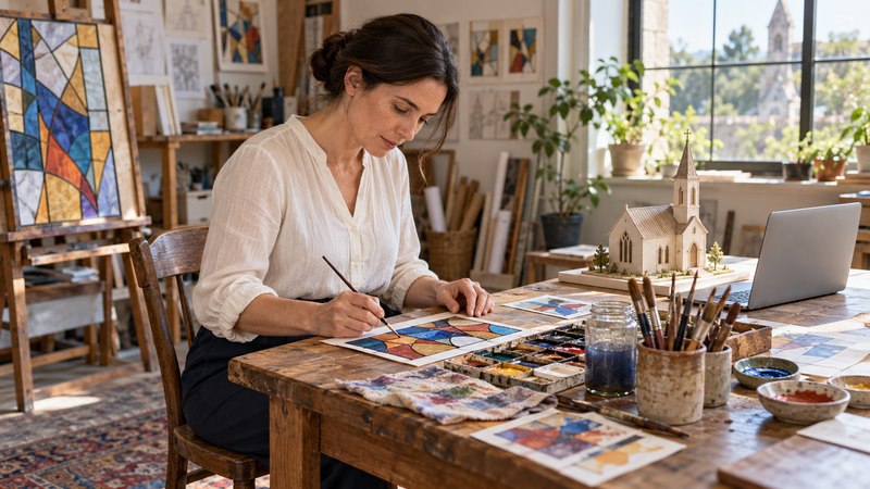 AI-generated conceptual illustration of an adult painter making a color study beside an imagined church model in a studio.
