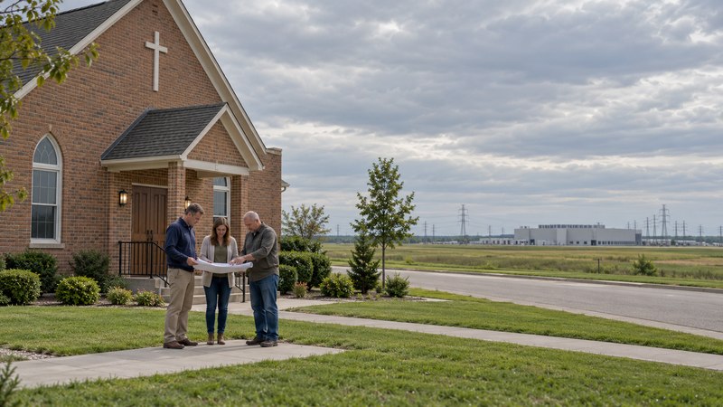 AI-generated conceptual illustration of three adults examining a planning sheet outside an imagined church, with computing infrastructure in the distance; not the Wichita venue or an actual project.