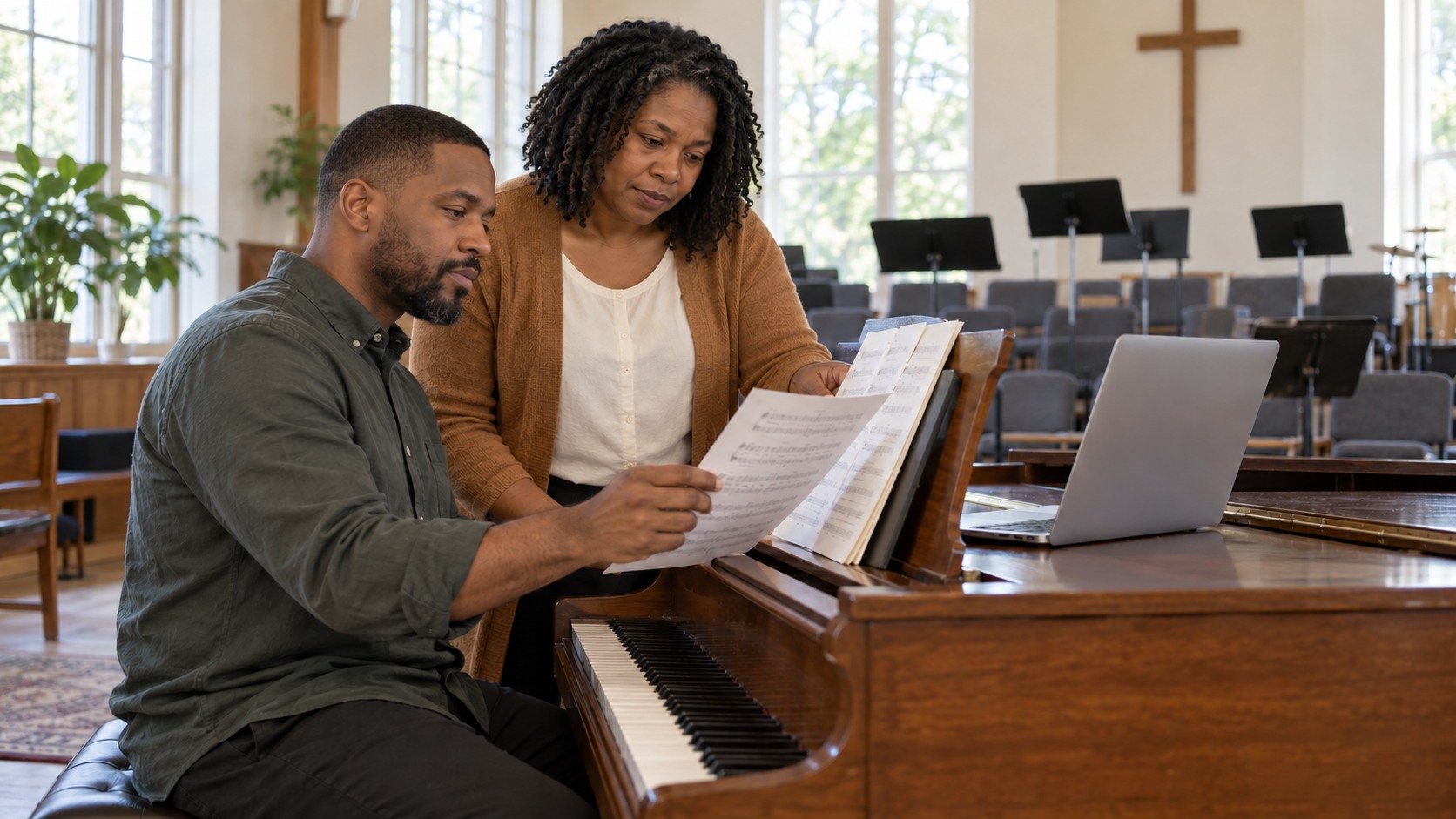 AI-generated conceptual illustration of two adult church musicians reviewing sheet music at a piano beside a laptop.