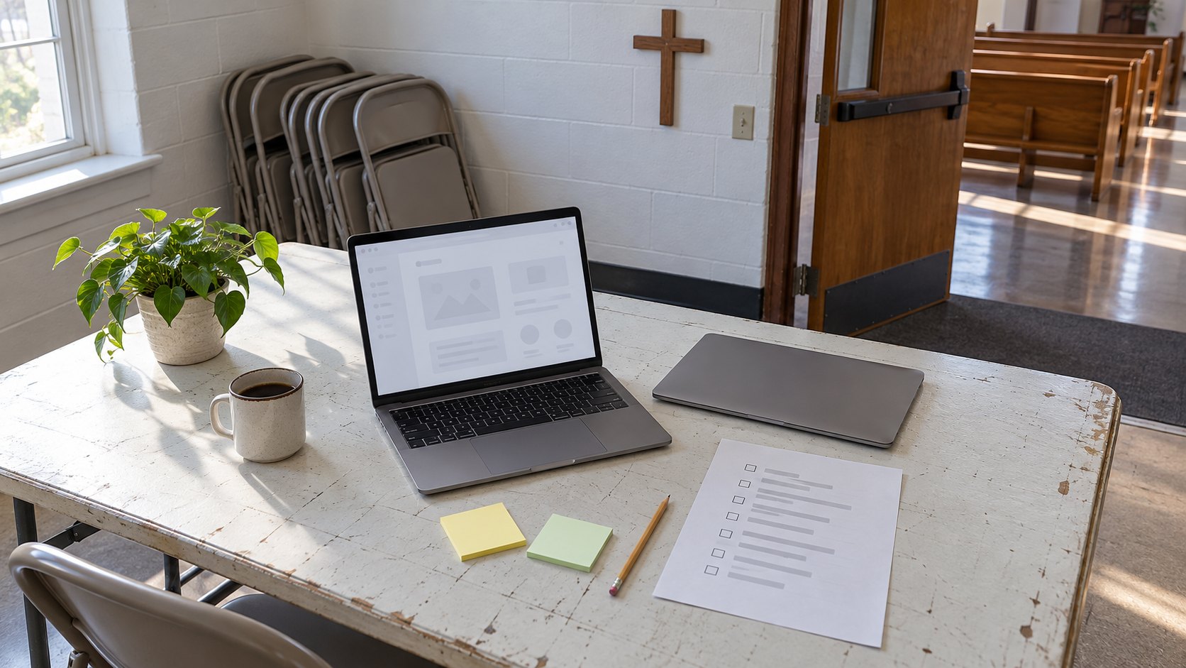 An open laptop with an abstract prototype, a closed laptop and a checklist on an imagined church community-room workbench.