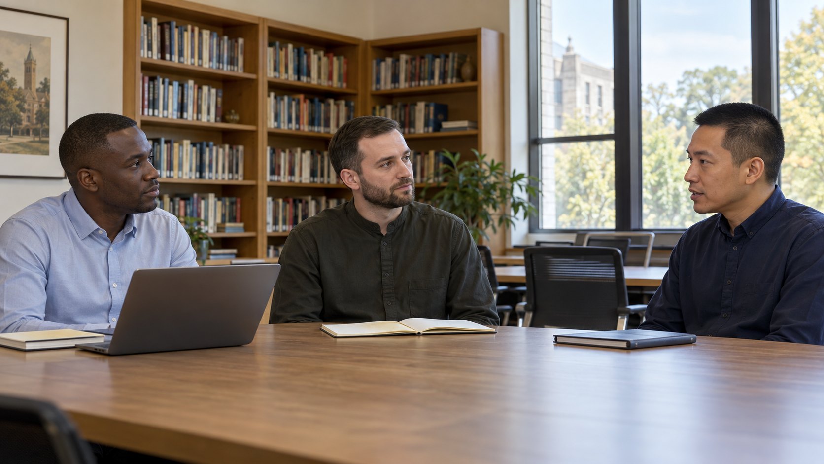 Three fictional adult scholars discuss technology around a university table with a laptop and notebooks.