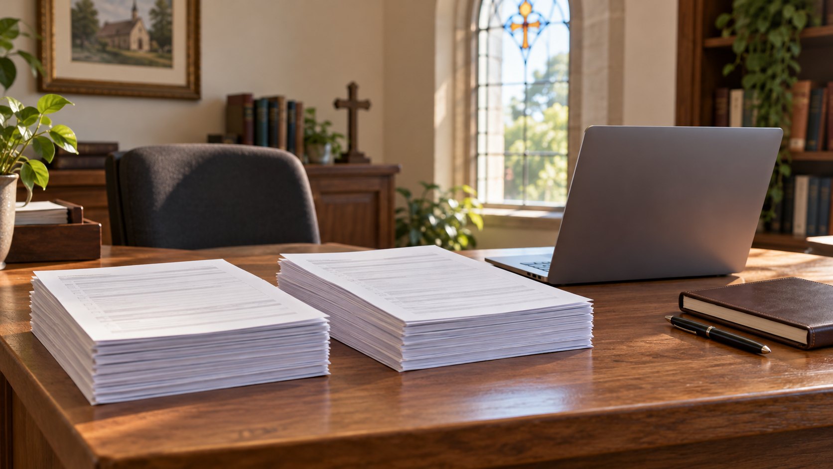 Two separate stacks of anonymous forms beside a laptop and notebook in an imagined church office.