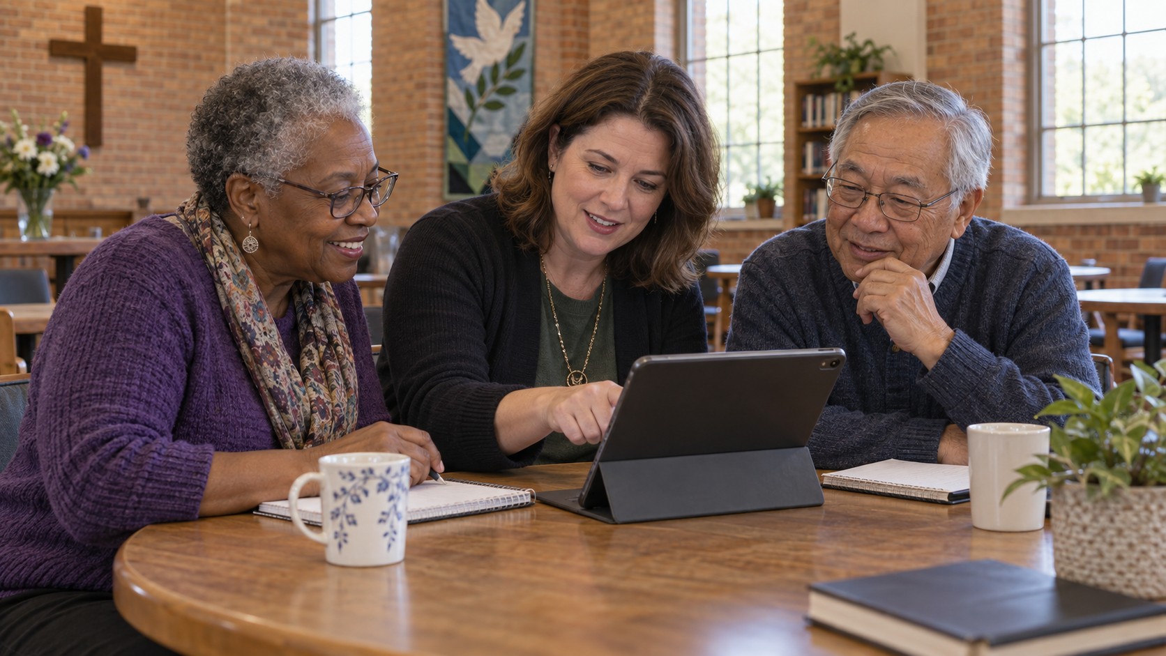 Imagined church learning group using a tablet; not a photograph of the Presbyterian conference.