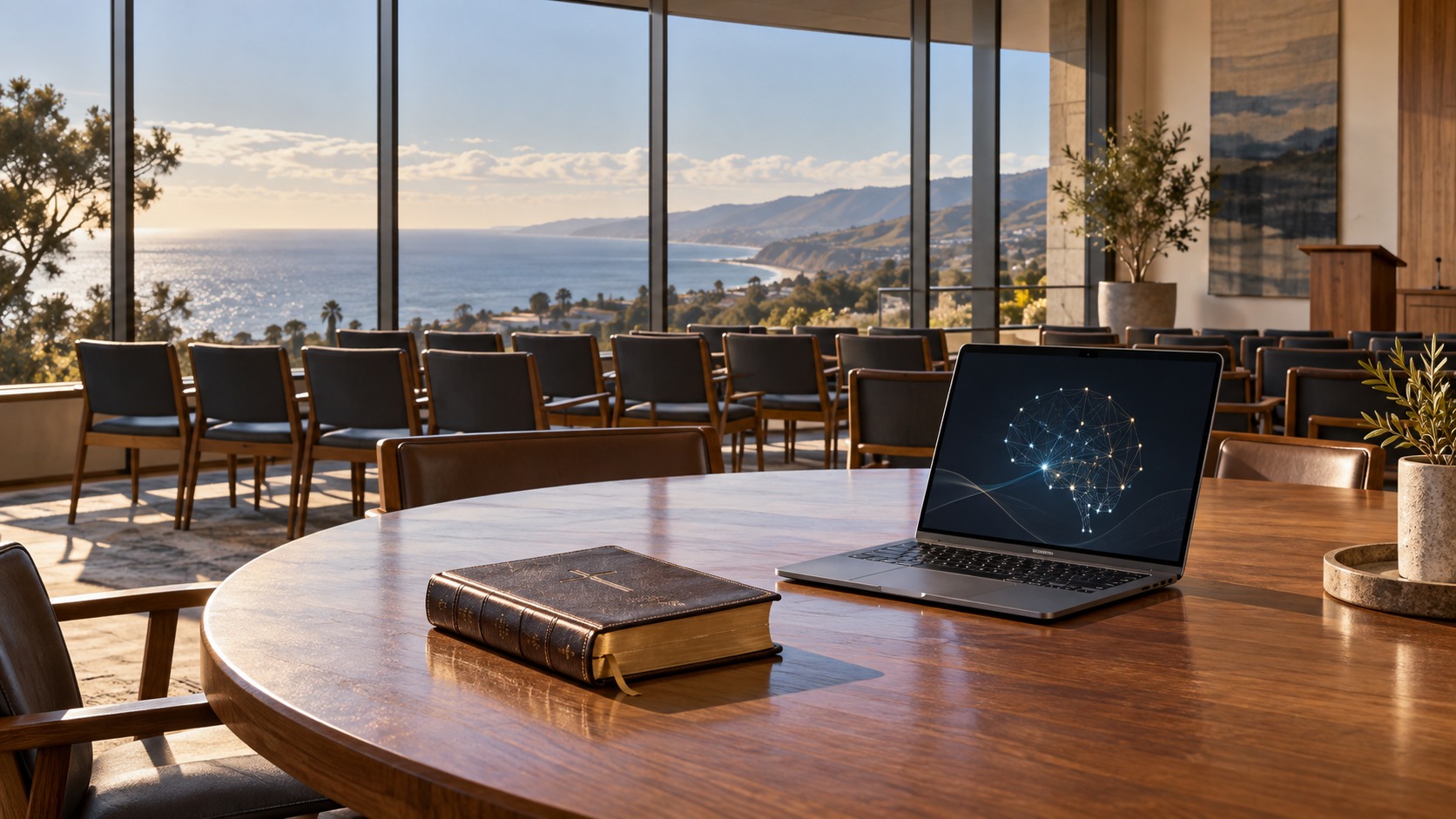 Imagined university seminar room with a Bible and laptop overlooking a coast; not a photograph of the Pepperdine event.