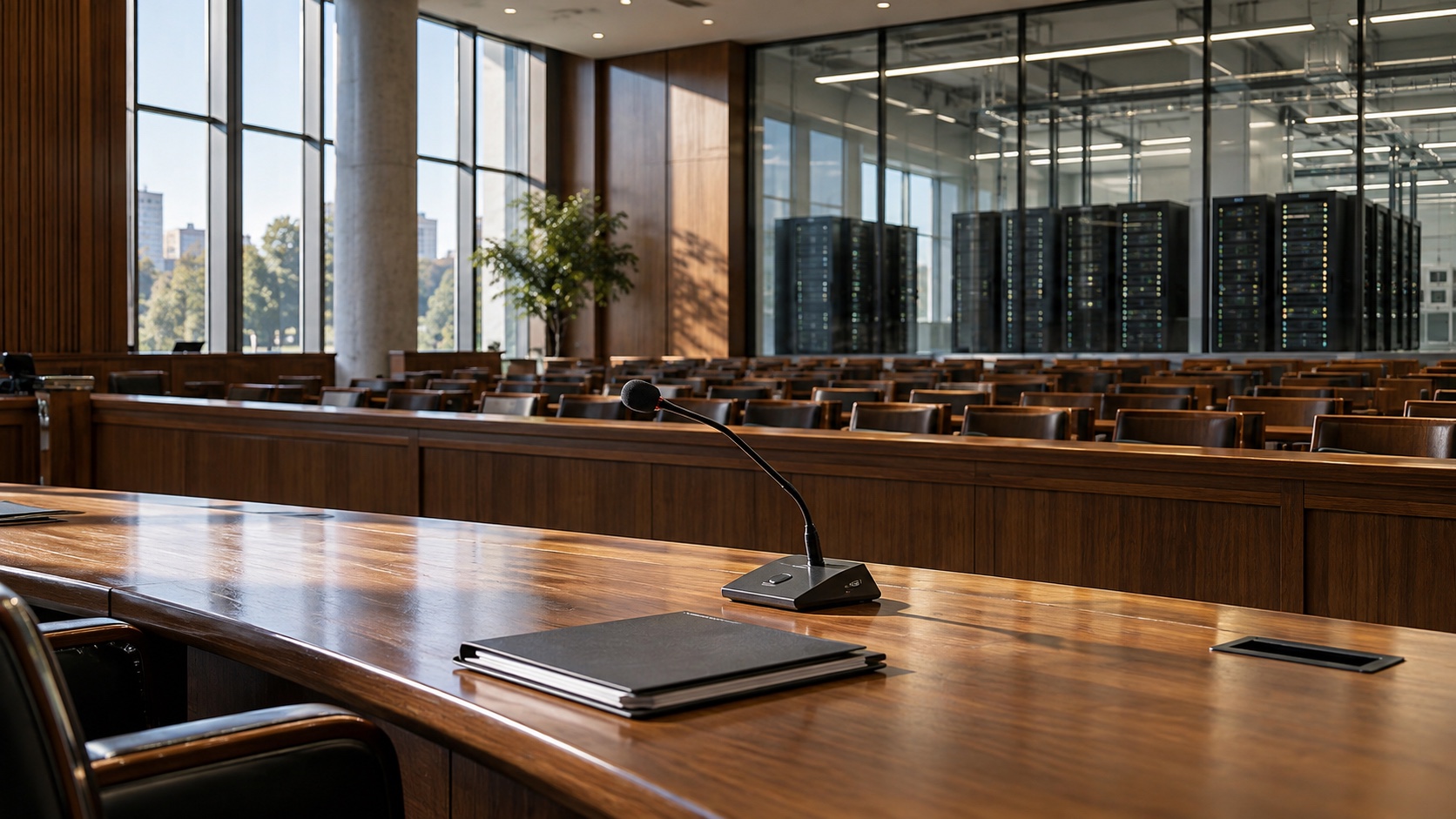 A microphone in a fictional hearing room beside a computing facility.