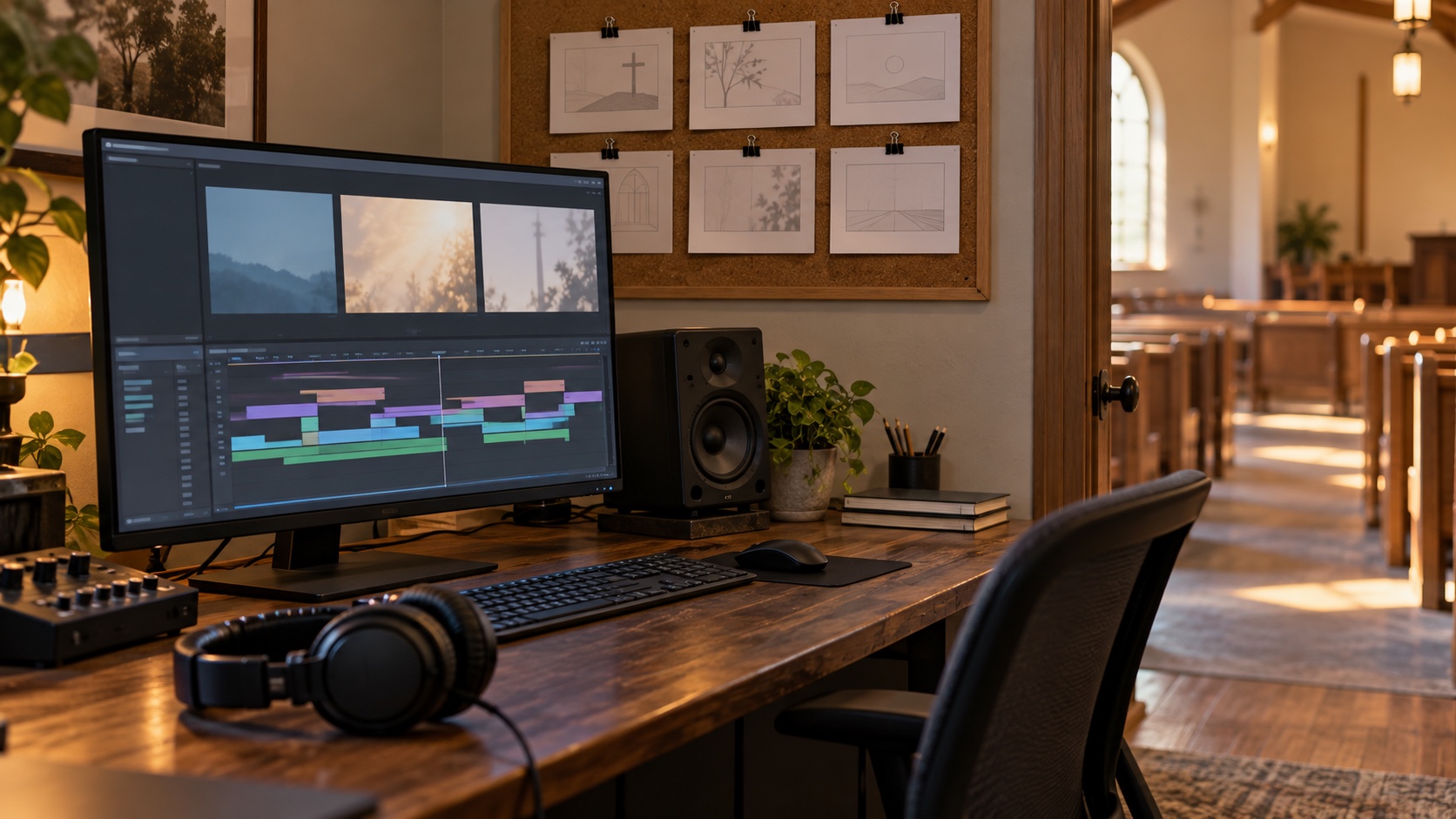AI-generated illustration of a desktop video-editing monitor, headphones and storyboard sketches beside an open doorway to an empty church.