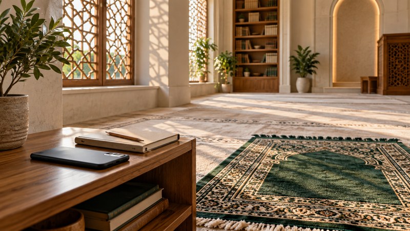 A face-down phone and notebook sit on a low shelf beside a prayer rug in a sunlit mosque interior.