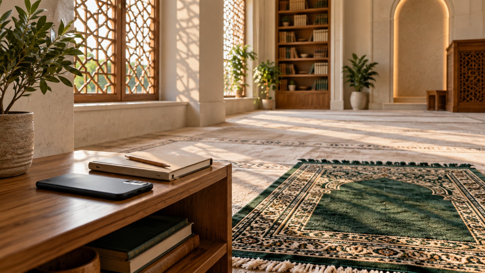 A face-down phone and notebook sit on a low shelf beside a prayer rug in a sunlit mosque interior.