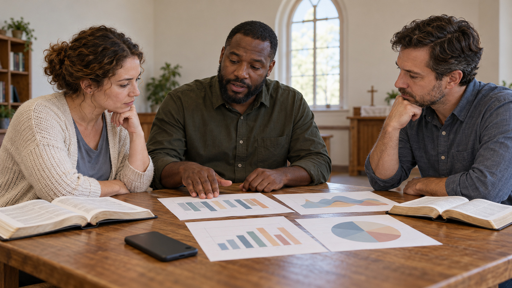 AI-generated illustration of three adults comparing unlabeled charts beside open books in a church room, with a phone face-down on the table.