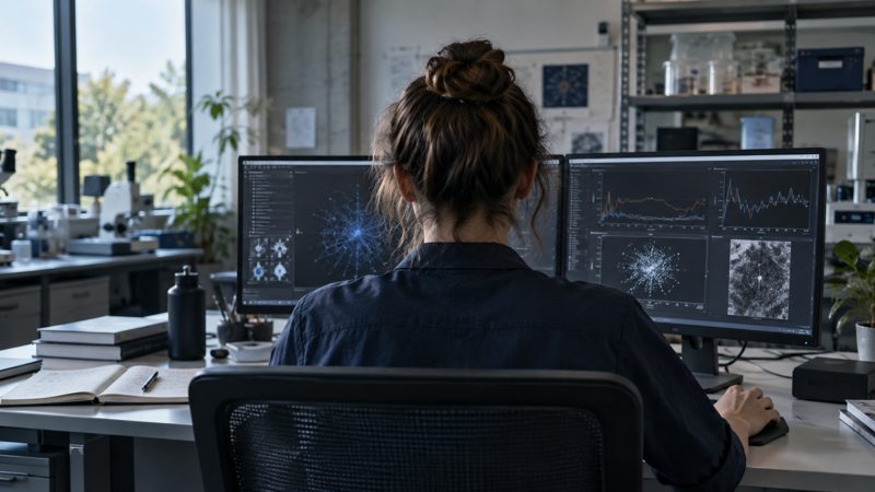 Imagined researcher reviewing charts in a computing laboratory; not an Anthropic employee or facility.