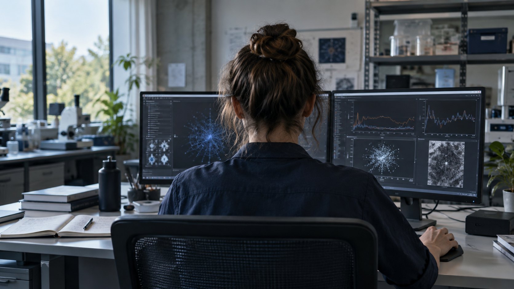 Imagined researcher reviewing charts in a computing laboratory; not an Anthropic employee or facility.