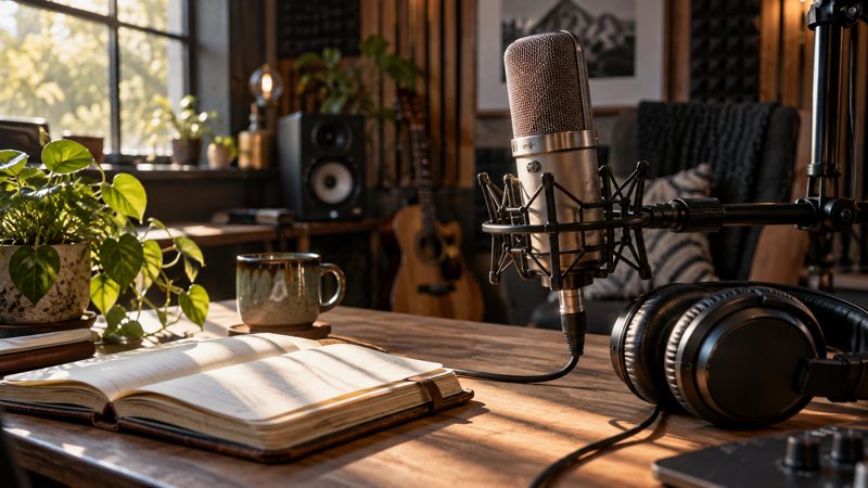 Imagined podcast recording studio with microphone and headphones; not the BioLogos studio.