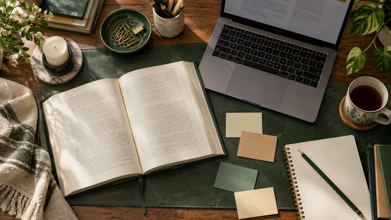 Imagined research desk with books and an evaluation worksheet; not documentary evidence of the study.