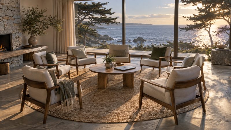 Imagined retreat room with chairs and a laptop; not a photograph of a FaithTech event.