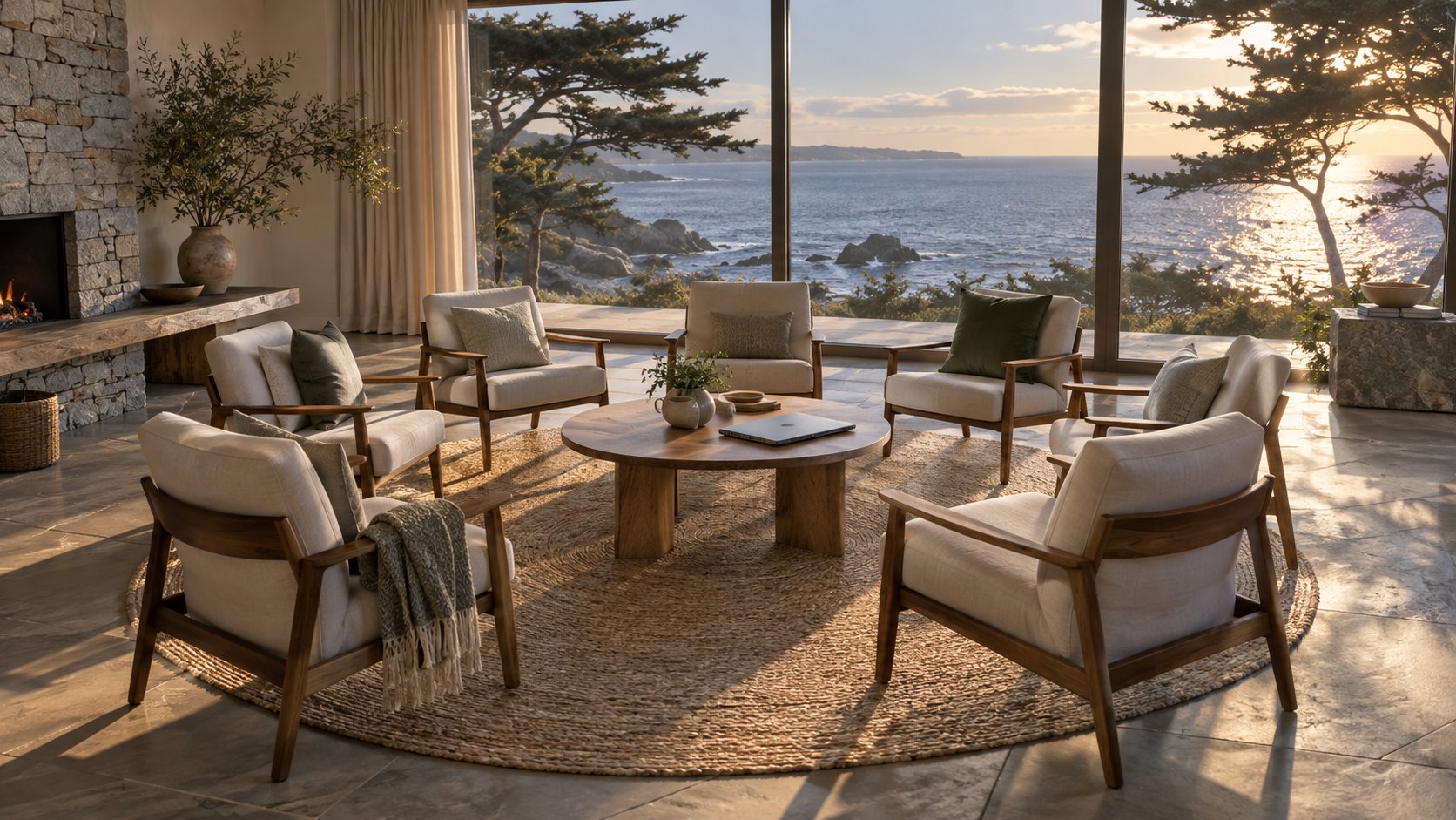 Imagined retreat room with chairs and a laptop; not a photograph of a FaithTech event.