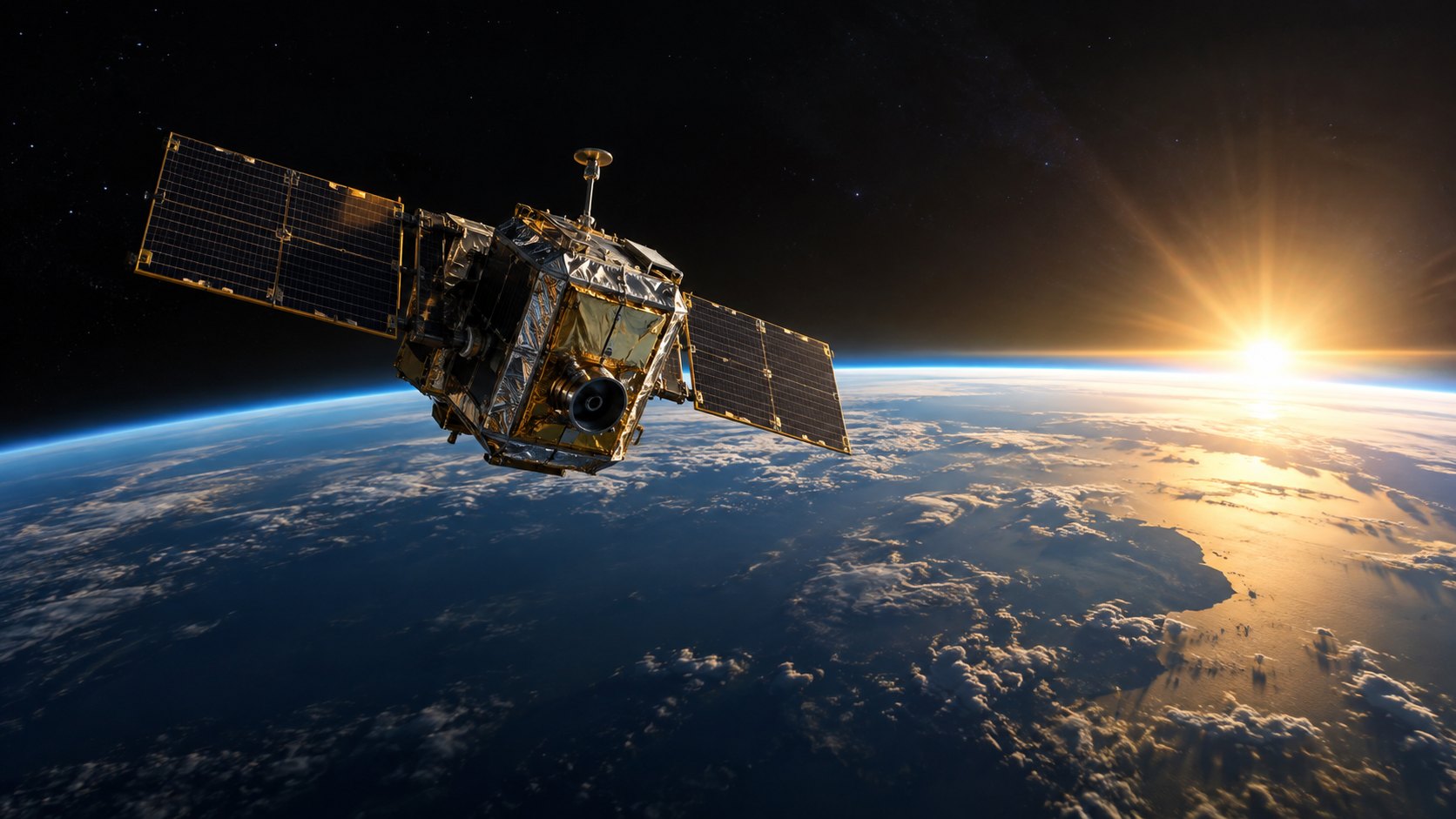 Conceptual satellite above Earth; not a photograph of Google’s hardware or its launch.