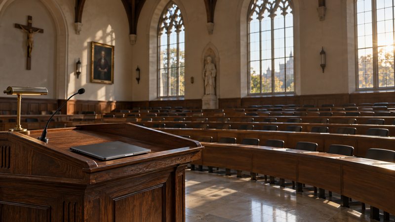 Imagined Gothic lecture hall with a lectern; not a photograph of Cardinal McElroy’s address.
