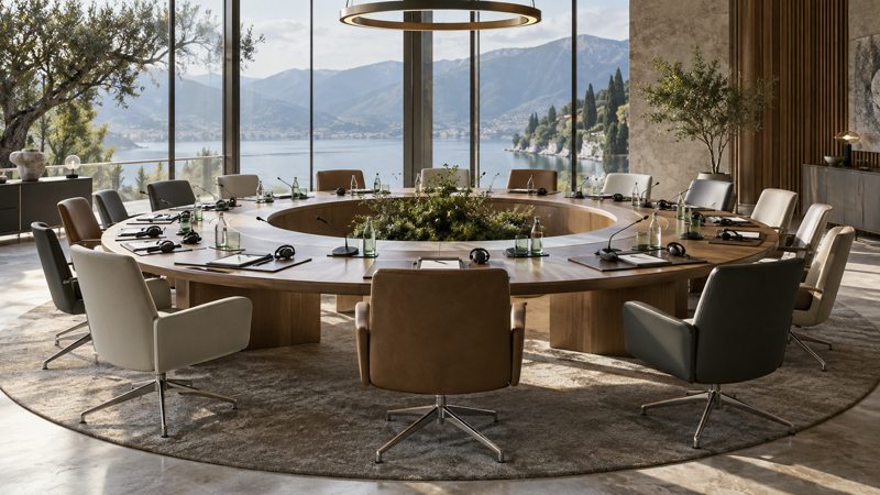 Imagined conference table with microphones and translation headsets; not a photograph of the UN event.
