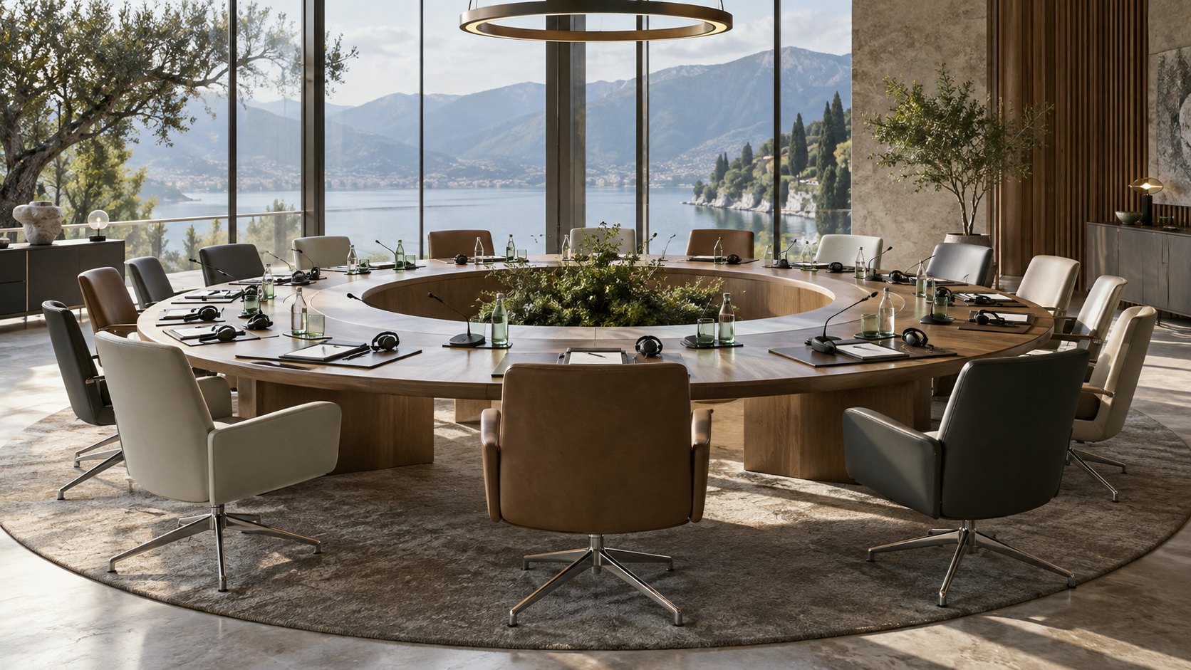 Imagined conference table with microphones and translation headsets; not a photograph of the UN event.