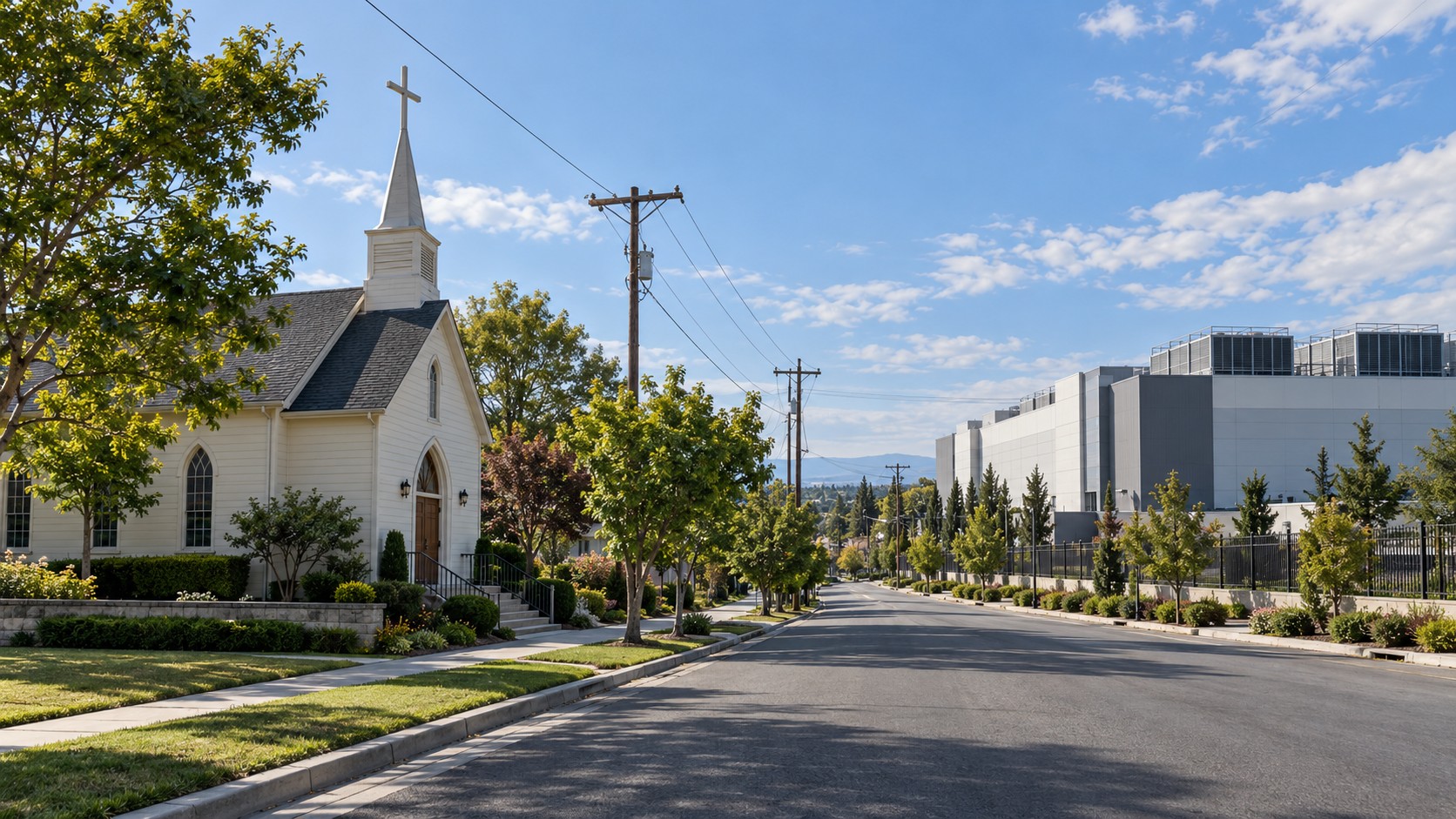 Imagined neighborhood street with a church on one side and a large data-center building on the other, with trees and utility lines.