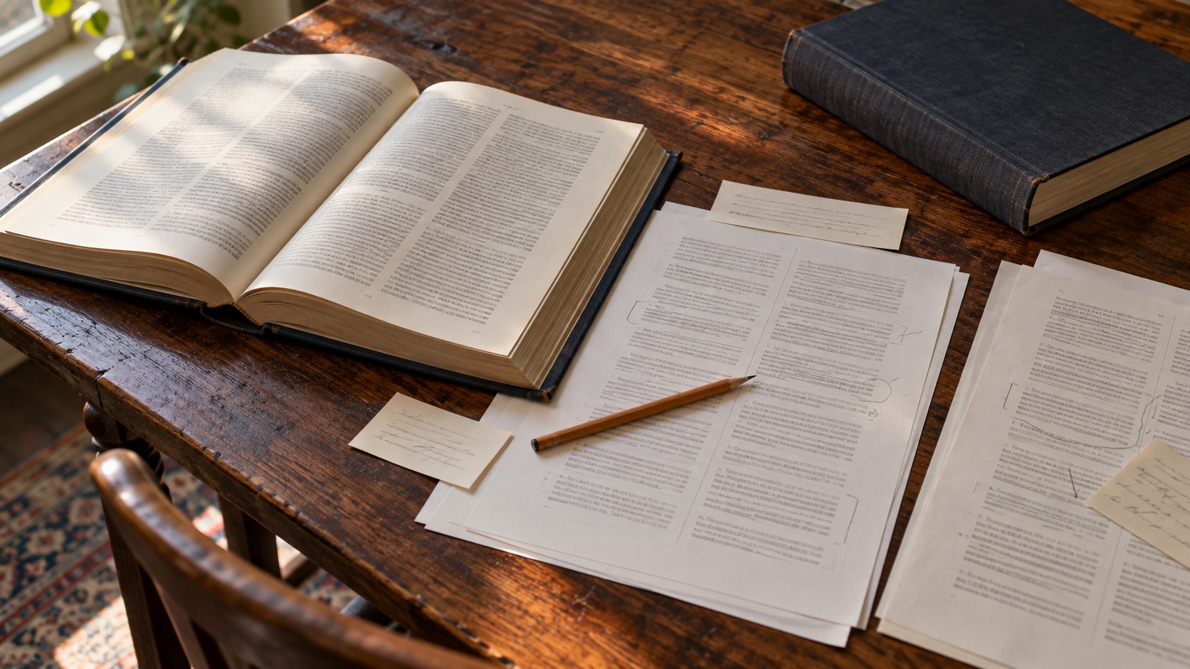 An open reference book, annotated pages and a pencil lie on a wooden reading table.