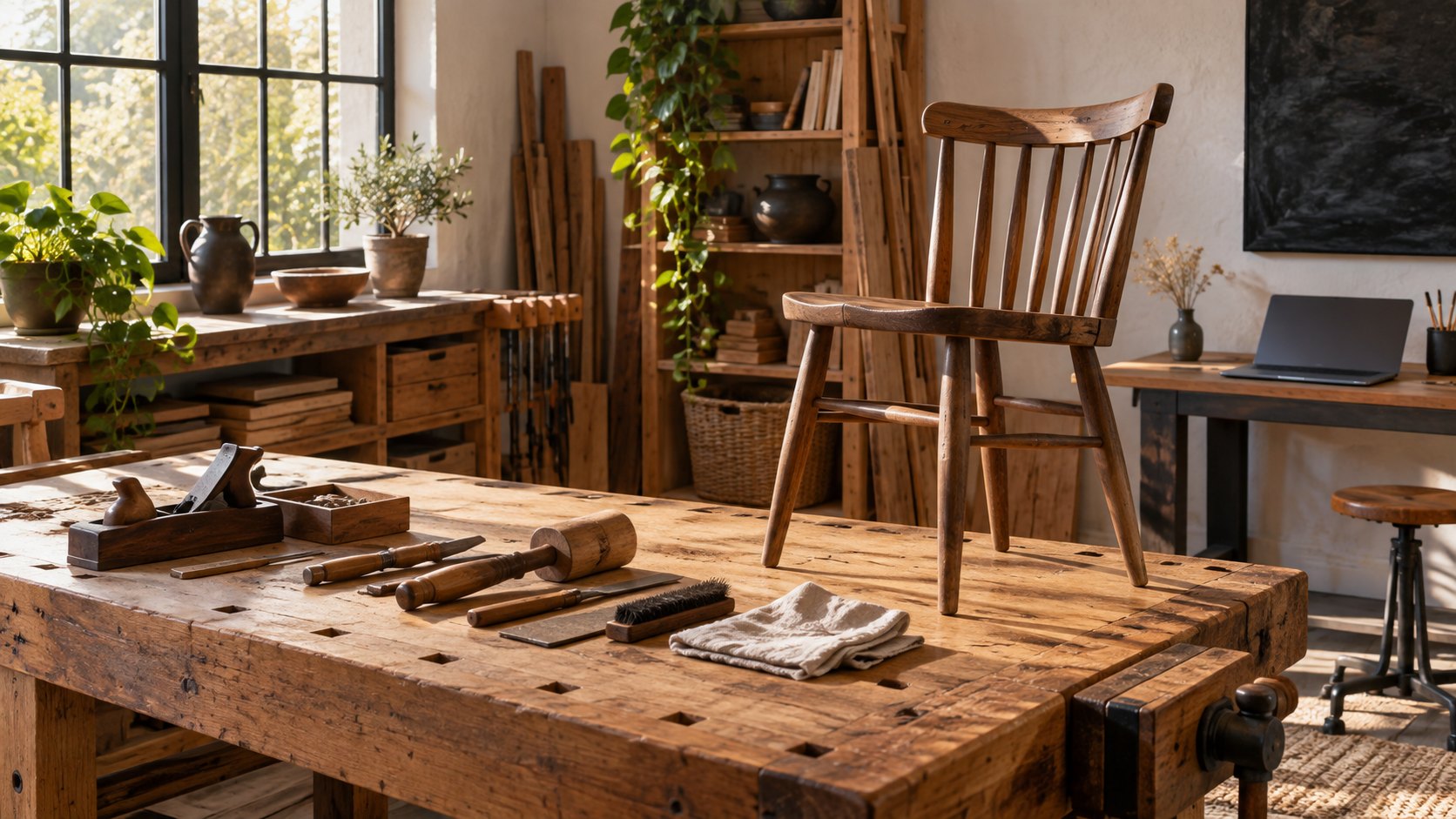 Illustrative workshop with a repaired wooden chair, hand tools and a laptop; not a photographed news event.