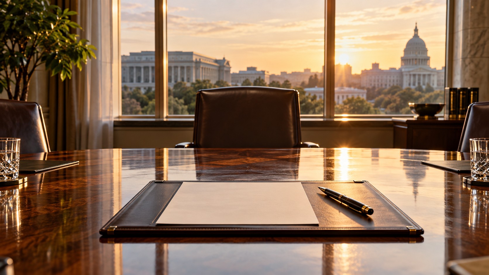 Blank unsigned document on a meeting table; conceptual image, not the AI accord.