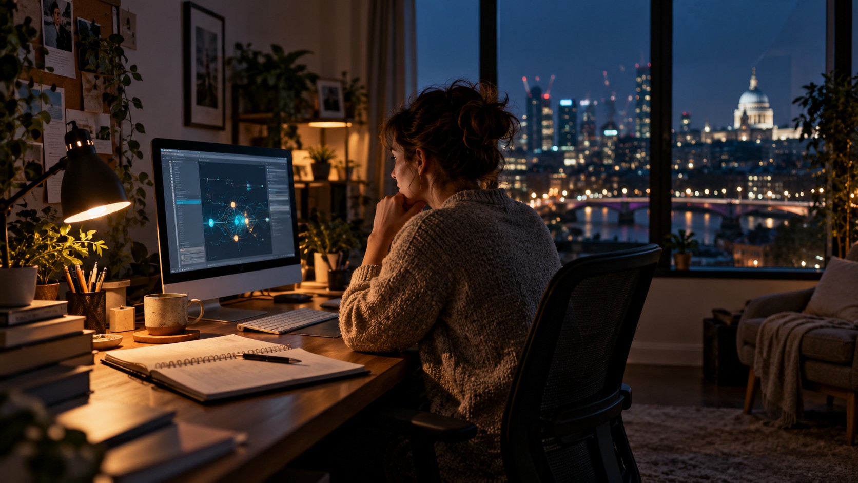 Imagined office worker considering tasks on a computer; not a product screenshot.