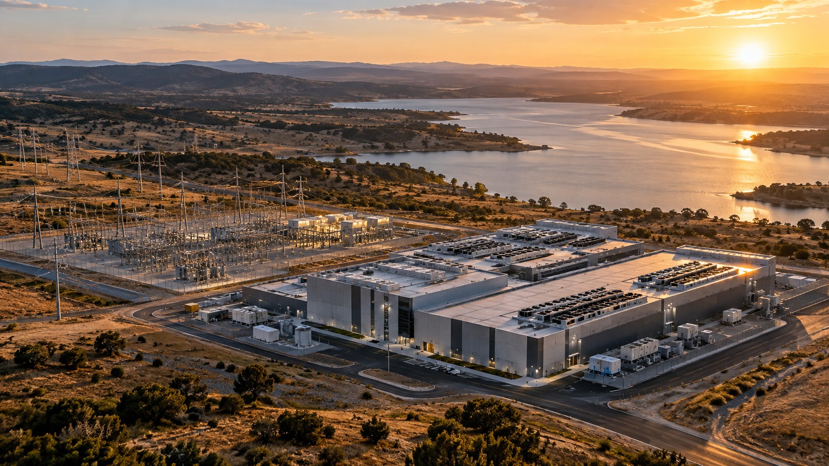 Imagined data center and water infrastructure; not a photograph of Barber Lake.