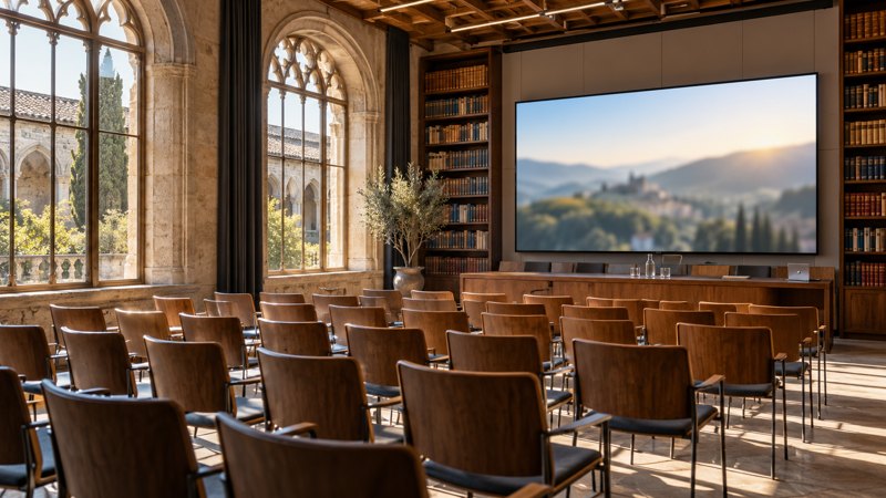 Imagined university seminar room prepared for discussion.