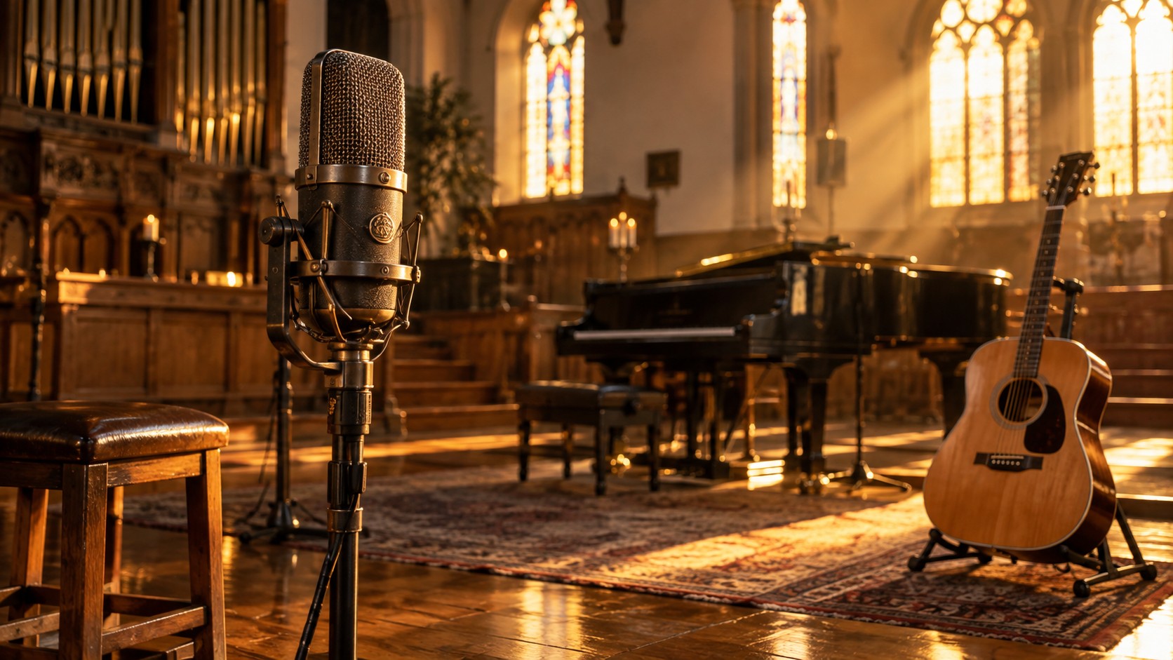 Imagined church rehearsal room; not a photograph of Natalie Grant or her church.