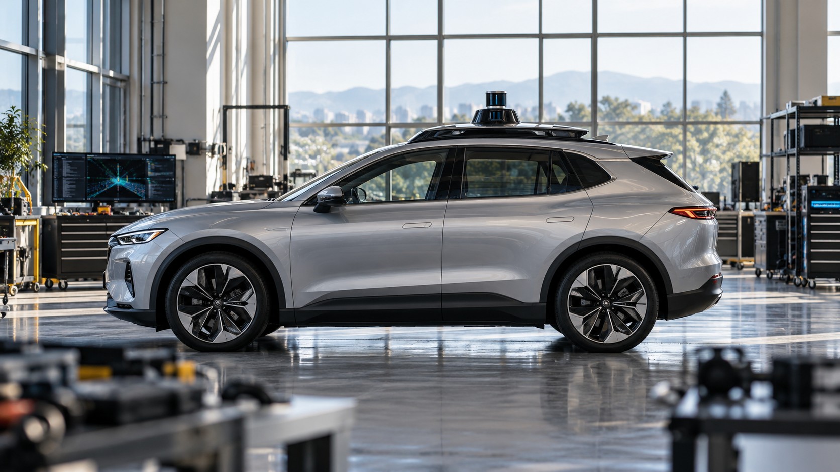 Imagined autonomous vehicle testing environment; not a Delta or NVIDIA product photograph.