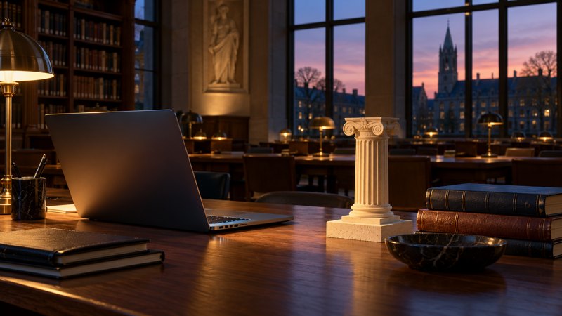 Imagined university reading room with a laptop and classical column model.