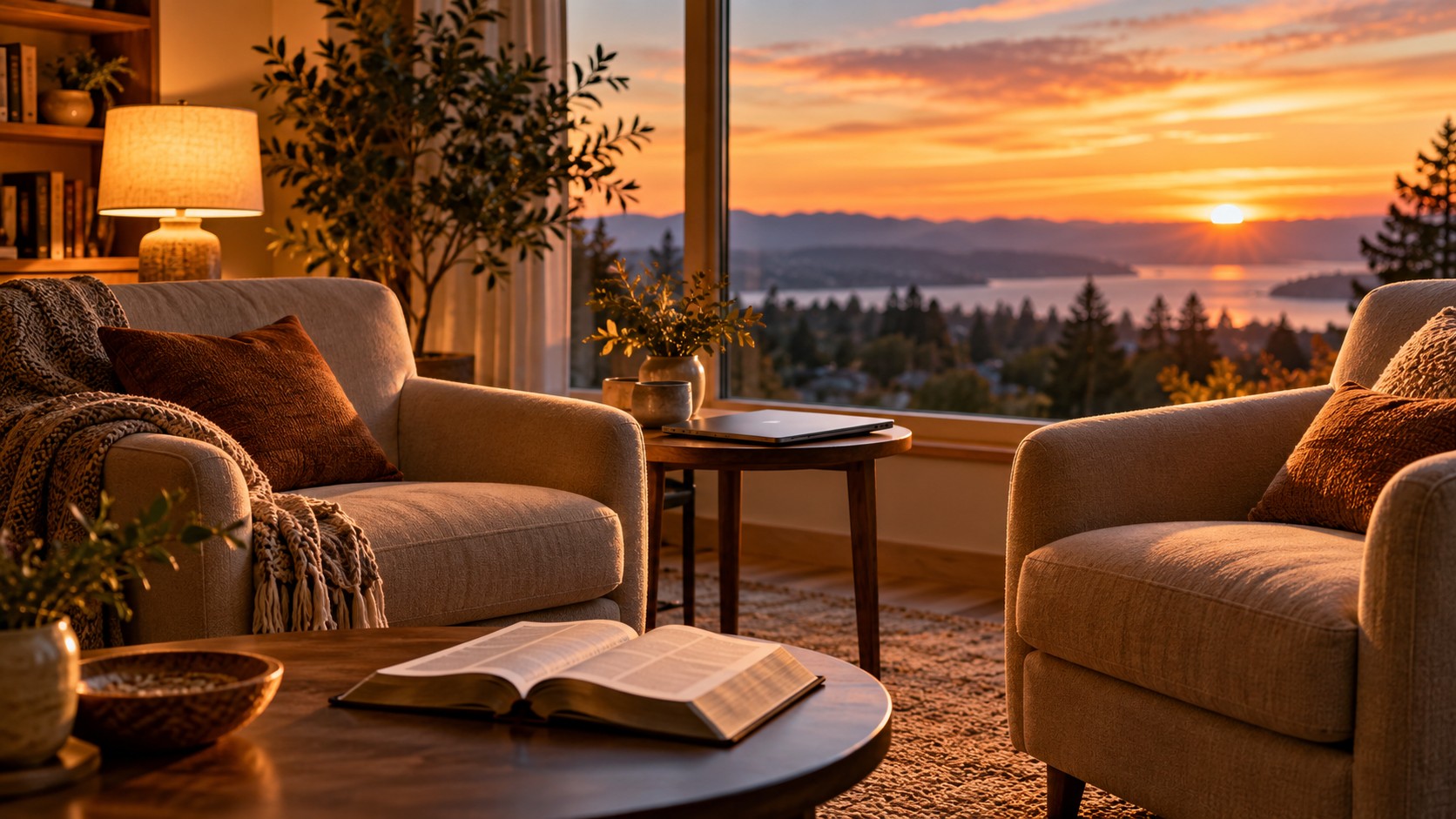 Imagined home study with two empty armchairs, a laptop and Bible.