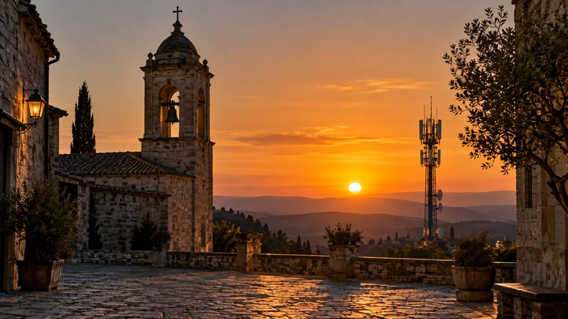 Imagined church tower and telecommunications mast at dusk.