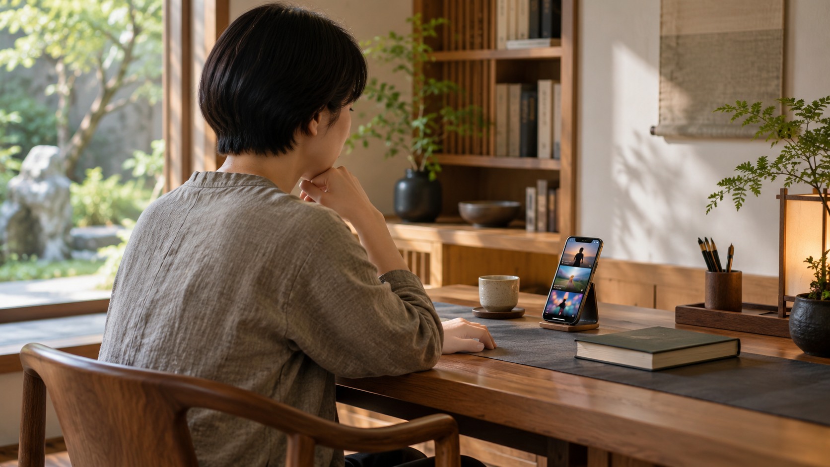 An imagined contemplative study setting with a video screen and a notebook.