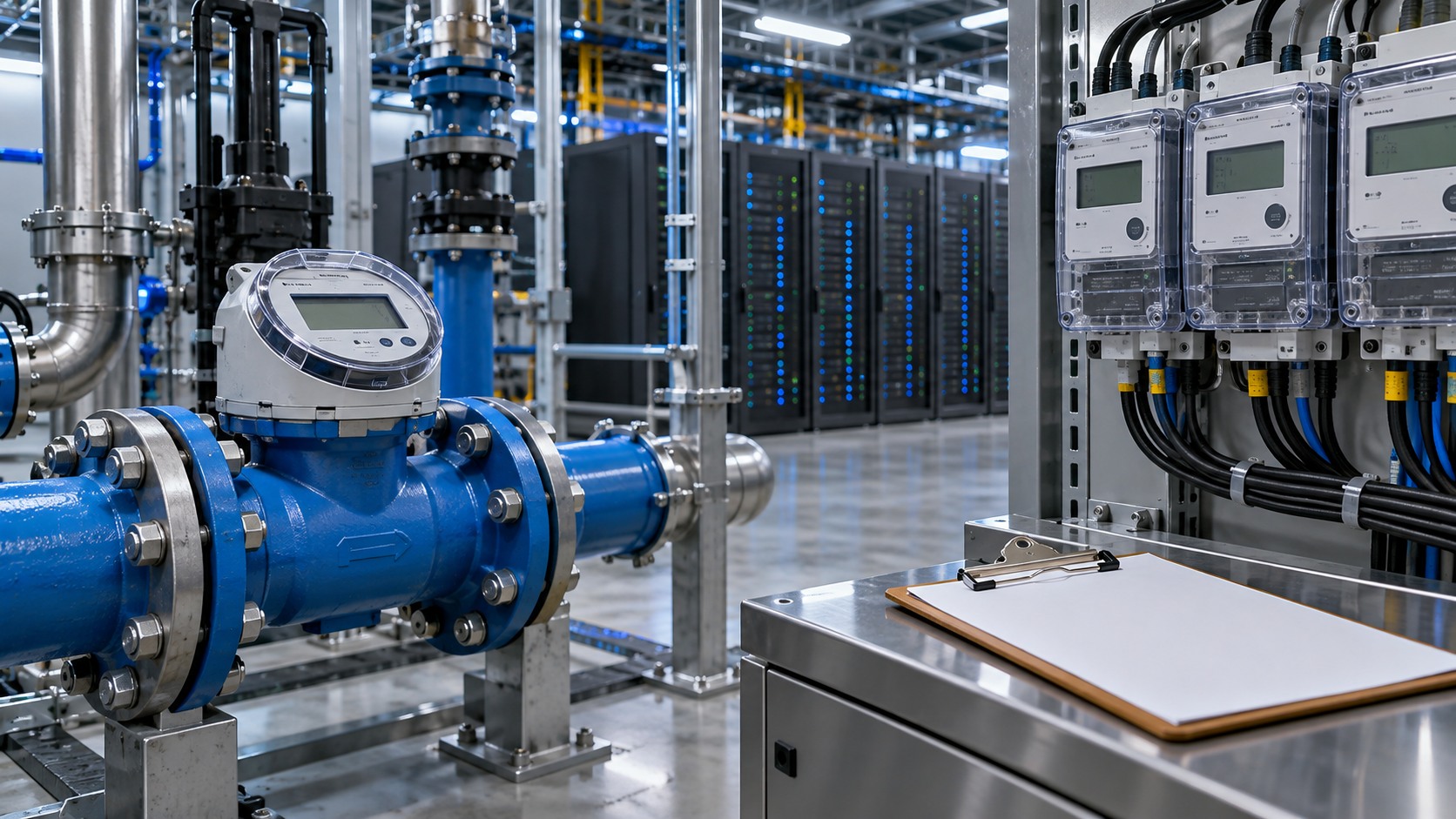 Illustrative water and electricity monitoring equipment in a server facility.