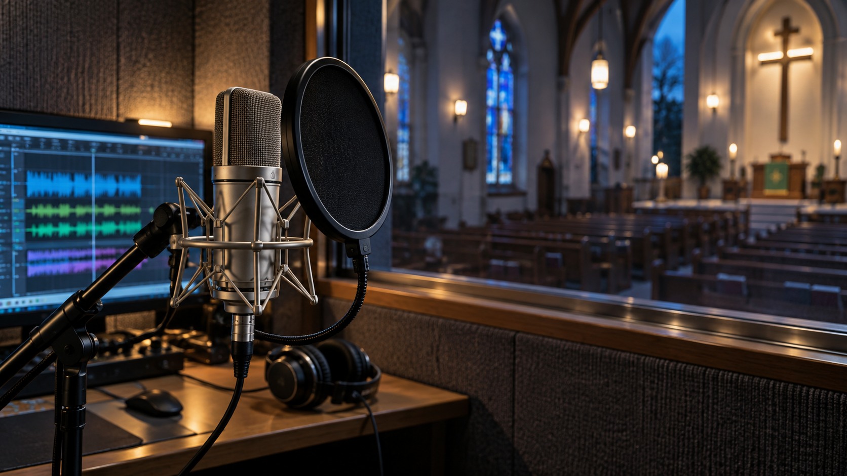 An imagined church recording booth with microphone, headphones and audio editing screen.