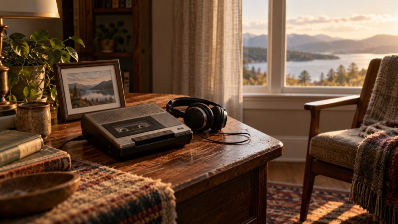 A cassette recorder and headphones beside a framed landscape photograph and an empty chair.